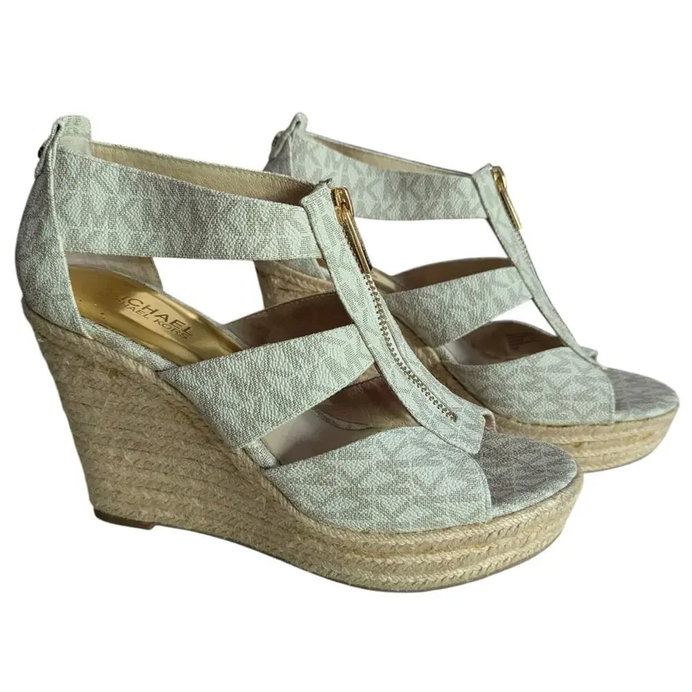 Michael Kors Vanilla Damita Logo MK Signature Wedge Sandals Women 7.5 Shoes - Picture 3 of 11